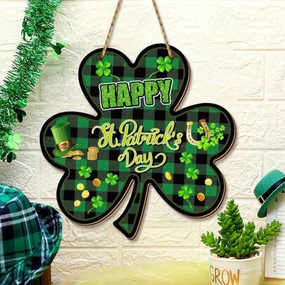 圣帕特里克节花环，装饰前门，幸运三叶草欢迎木牌，圣帕特里克节装饰门环，绿色三叶草春季木质花环，悬挂式墙面装饰，爱尔兰欢迎牌，室内外皆宜