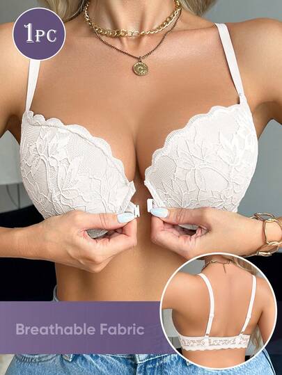 MEIYATING Women's Lace Front Closure Soft & Comfortable Daily Wear Summer Thin Cup Floral Gather Bra