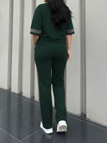 两件套女士春秋季圆领短袖T恤和松紧腰宽松裤套装，休闲日常穿着 - 墨綠色24 - 查看 5