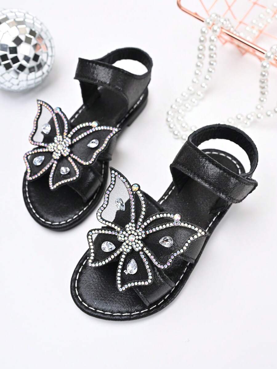 A Pair Of 2026 New-Style Girls' Net-Sheer Rhinestone Flower Glitter Sequin Anti-Slip Open-Toe Low-Top Flat Sandals | Suitable For School Days Outfits / Family Picnics / Children's Park Outings - Black - View 1