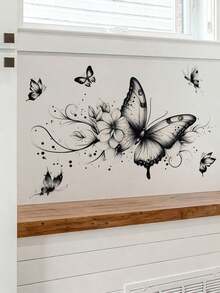 1pc Ink Flower & Butterfly Wall Decal Sticker, Removable Room Decoration For Bedroom, Living Room - 1PC - View 5