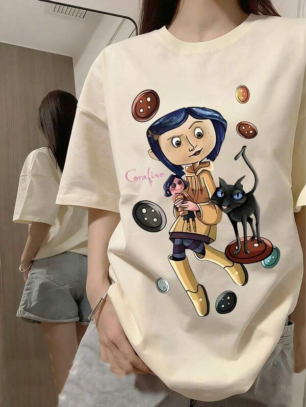 女童卡通猫印花短袖T恤，少女夏季圆领上衣/衬衫