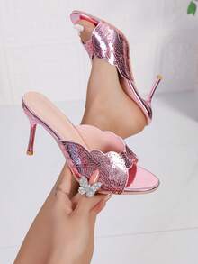 Giày sandal cao gót nữ đính sequin nhiều màu sắc, chất liệu da PU, kiểu dáng mùa hè. - Hồng - Xem 1