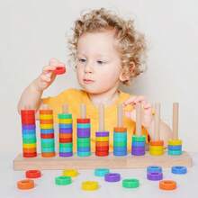 70 piezas Juego de Anillos de Madera Arcoíris, Juego de Apilamiento, Clasificación y Combinación de Colores, Juguete Educativo Montessori, Juguete Cognitivo para Bebés y Niños Pequeños, Desarrolla la Coordinación Mano-Ojo y el Reconocimiento de Colores, Adecuado para Múltiples Jugadores, Interacción Padres-Hijos, Regalo de Cumpleaños, Útiles Escolares - Multicolor - Ver 2