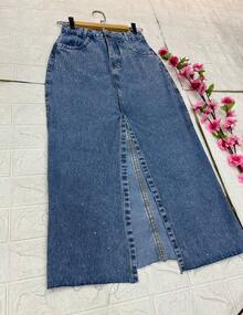 Denim Midi Skirt With Glitter And Frayed Hem. - 大理石藍 - 查看 4