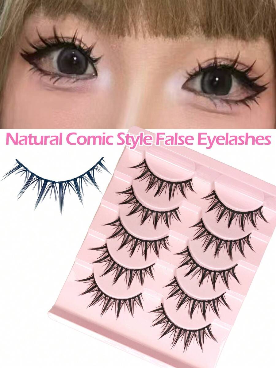 5 Pairs Cartoon Style False Eyelashes, Lightweight Anime Inspired Fluffy Spiky Lashes, Natural Makeup Effect, Anime Themed False Eyelash Strips, Whole Lash, Eyelashes, Makeup Tools - Black - View 1