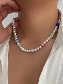 1pc Hip-Hop Style Faux Pearl Studded Crystal Beaded Necklace, Retro Rock Design, Versatile Street Style Necklace Gift For Men - Necklace - View 4