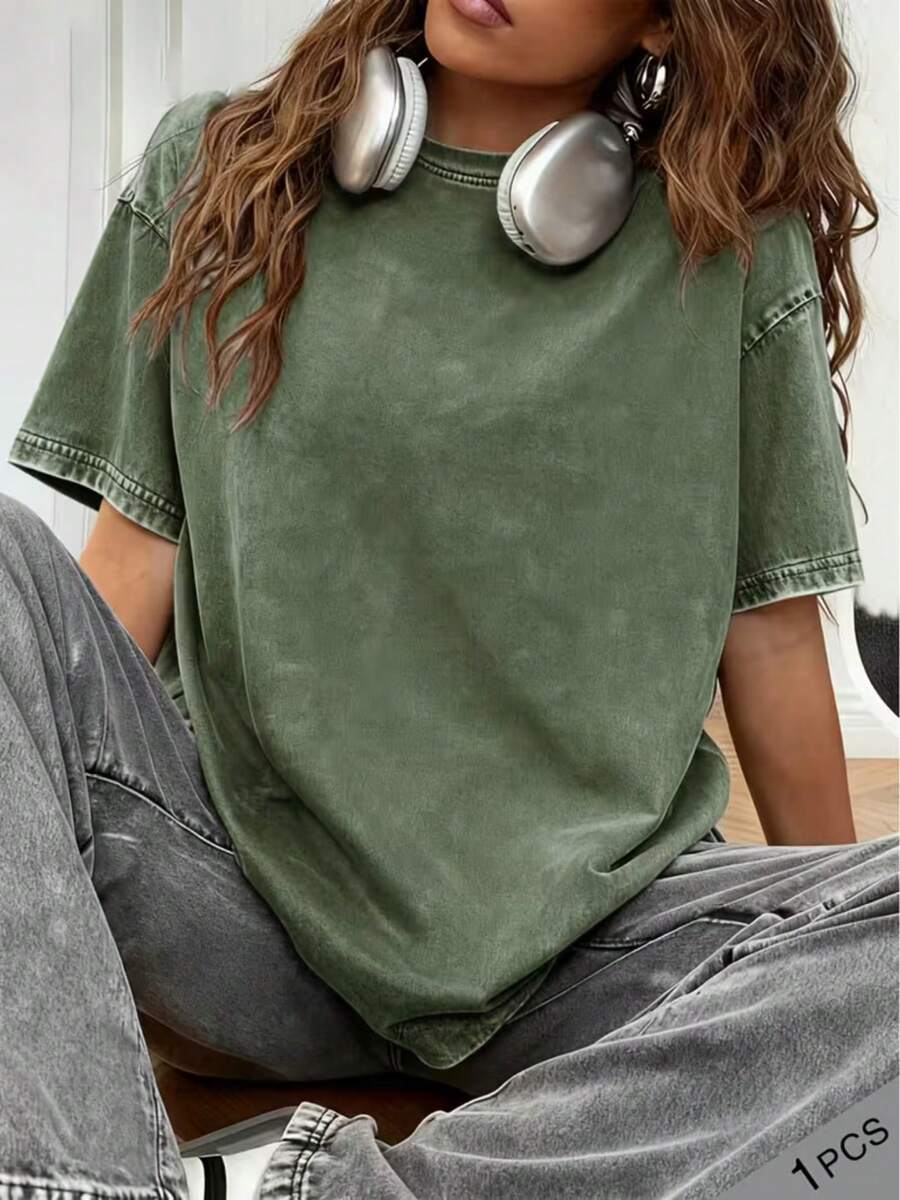 Local Shipping, 230g Retro Washed 100% Pure Cotton T-Shirt - One-Piece Basic, Women's Casual Round-Neck Summer Top, Loose Fit, Soft Texture, Breathable Fabric - 軍綠色 - 查看 1
