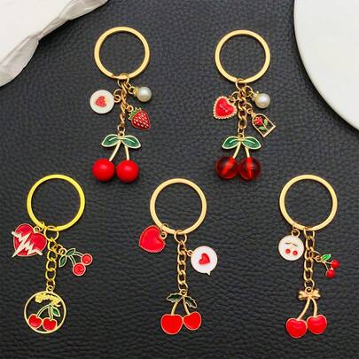 1 pieza Llavero con dije de cereza con corazón de resina esmaltada de moda, accesorio de joyería adecuado para mujer, bolso, cremallera, coche, perfecto como regalo para amigos y parejas