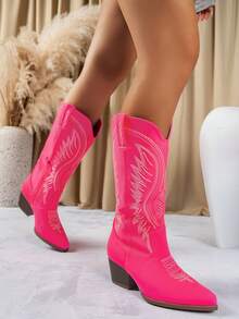 Western Style Embroidery Point Toe Chunky Heel Boots  Western    Side Zipper    Holiday - Màu Hoa hồng đỏ - Xem 3