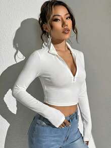 Short White Turtleneck Half-Zip Long Sleeve T-Shirt, Spring/Summer - White - View 2