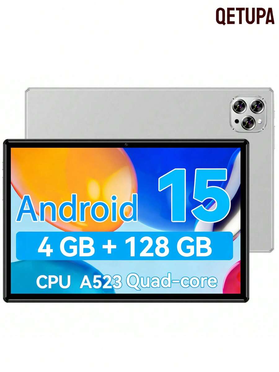 Qetupa 10.1 吋 M9-4 Android 15 平板電腦，4GB RAM+128GB ROM，A523 八核心 2.0GHz 處理器，HD(1280x800) IPS 觸控螢幕，5MP 前置鏡頭與 13MP 後置鏡頭，6000mAh 電池，802.11ac WIFI5 2.4G+5G，藍牙 5.2，GPS，不支援 SIM 卡，適合閱讀與遊戲