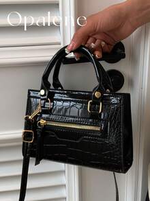 Gold Crocodile Pattern Handbag For Women, Mini Fashionable Multi-Use Zipper Closure Handbag With Detachable Shoulder Strap, Simple Chic Shiny Texture Tote Shoulder Crossbody Bag, Versatile For Various Occasions Like Casual, Shopping, Party - 彩色 - 查看 2
