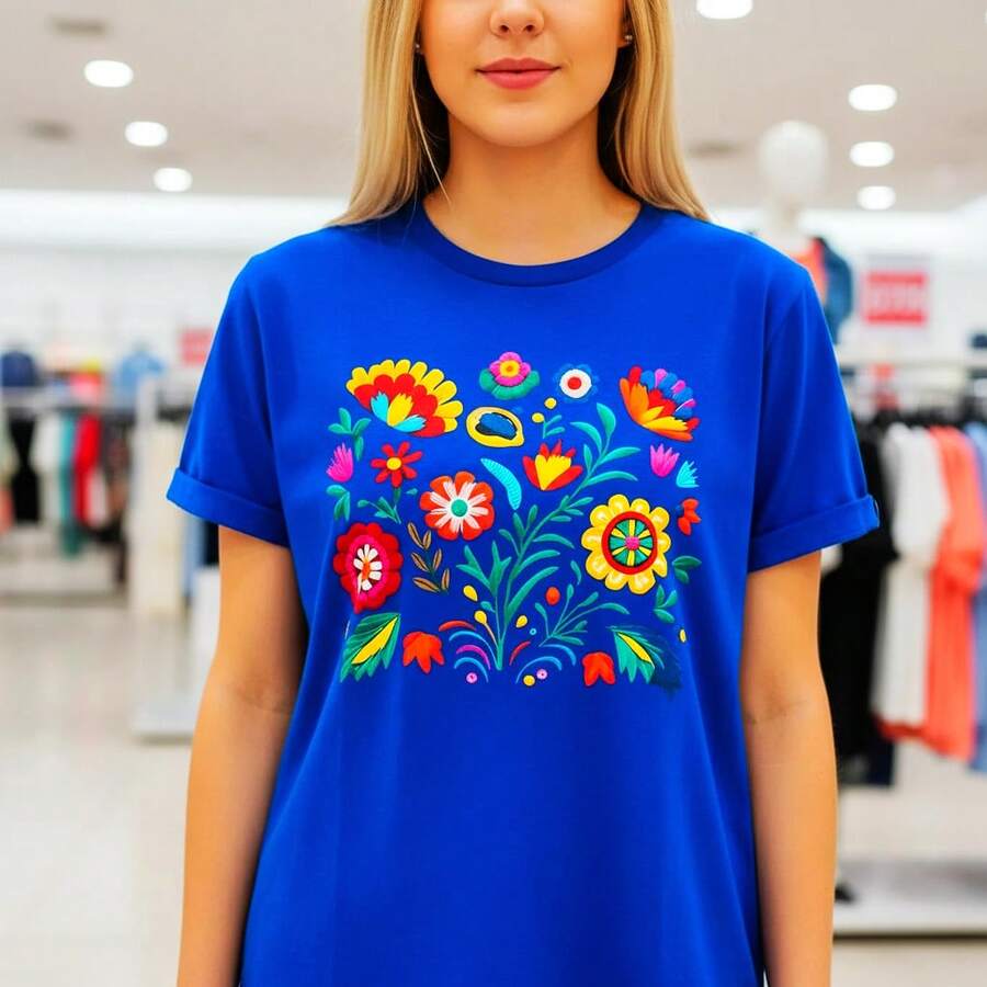Women's Cotton Embroidered Floral T-Shirt, Round Neck Short Sleeve Casual Top, Loose Fit Tee For Summer, S-5XL Sizes Available, White Base With Colorful Flower Embroidery, Lightweight Breathable Basic Shirt - Màu xanh lam - Xem 1