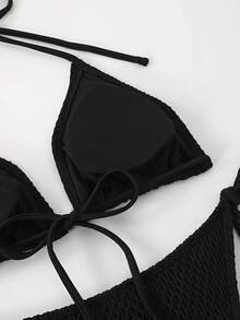 4pcs Plain Halter Triangle Bikini Swimwear With Cover Up Set Black - Black - View 5