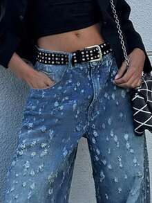 Pantalones vaqueros rotos enteros de chica cool, tela vaquera sin elasticidad, ajustados para salir en la calle - Azul lavado medio - Ver 6