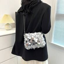Fashionable Glitter Rectangular Women's Handbag, New Design Personalized Versatile Zipper Crossbody Bag, Niche Design Chain Shoulder Clutch - Silver - View 11