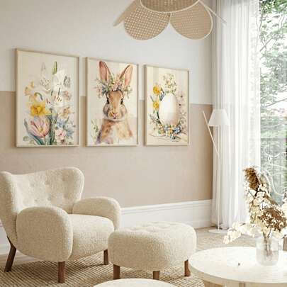 1/3pcs Panel Easter Bunny Wall Art Picture Spring Floral Rabbit Canvas Print Paintings|Cozy Watercolor Easter Decorations For Bedroom,Living Room Or Office Home Decor,Flowers & Easter Egg Poster,Easter Gift For Her,Unframed