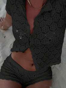 Women's Summer Vacation Set, Crochet Mesh Sexy Hollow Out Beach Short Sleeve Knit Cover Up + Shorts 2 Piece Set - Women's Vacation 2 Piece Set, Crochet Cover Up Nightclub Outfit, Women's Sexy Slim Fit - 黑色 - 查看 6