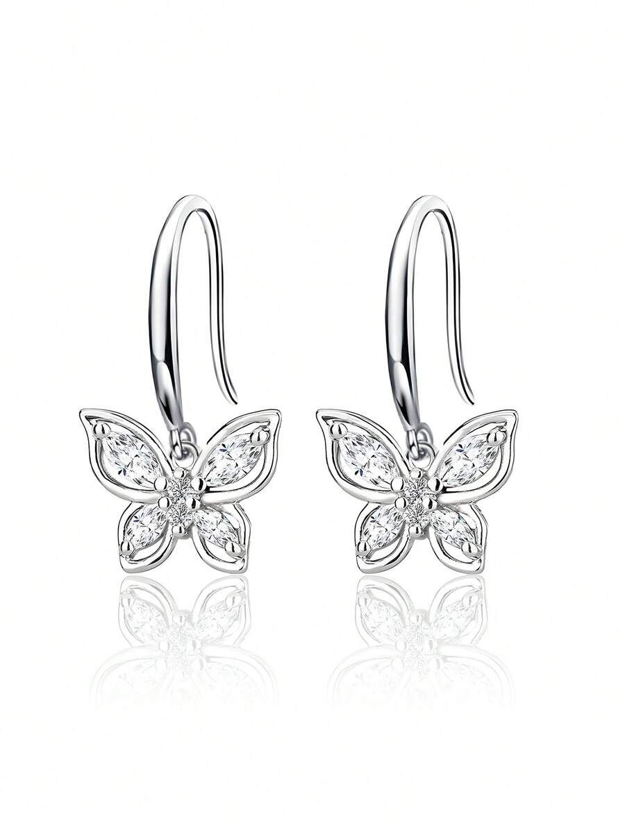 925 Sterling Silver Cubic Zirconia Butterfly Pendant Earrings, Hypoallergenic, Elegant For Daily Wear, Birthday Gift - Silver - View 1