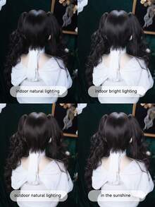 一款合成卷发假发，双发髻黑色长卷发假发，无刘海，18英寸长，自然逼真，适合日常佩戴（不含配饰） - 黑色 - 查看 9
