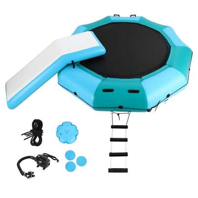 Trampolín Inflable de Agua 10FT - Plataforma Rebotante Flotante para Adultos con Escalera de Cuerda 4 Pasos, Soga de Amarre, Bomba de Aire y Bolsas de Anclaje - Ideal para Lago, Piscina y Océano