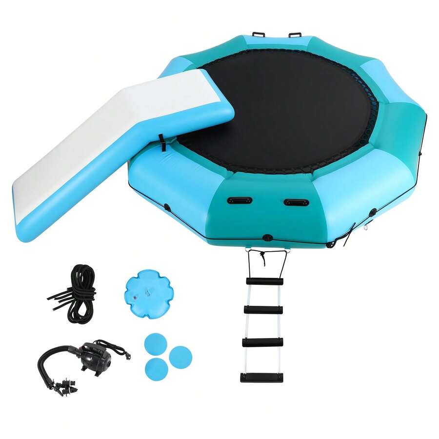 Trampolín Inflable de Agua 10FT - Plataforma Rebotante Flotante para Adultos con Escalera de Cuerda 4 Pasos, Soga de Amarre, Bomba de Aire y Bolsas de Anclaje - Ideal para Lago, Piscina y Océano - azul - Ver 1