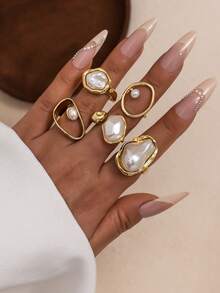 4pcs/Set Minimalist Elegant Faux Pearl Geometric Open Ring Set, Women Exaggerated Metal Asymmetrical Ring Jewelry Accessories - Yellow Gold - View 6