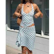 Women's Stripe Halter Neck Top  Asymmetric Midi Skirt Two Piece Set Cutout Y2K Party Outfit - Màu xanh lam - Xem 3