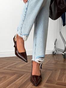 High Waist Plain Casual Comfortable Denim Pocket Zipper Button Jeans - Blue - View 1