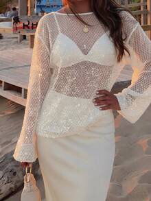 Doriss Vacation Style 两件套露肩泡泡袖网纱亮片透视上衣和半裙套装，适合返校、度假、派对、舞会等场合，做工精致，是夏季女士服装、音乐会服装、早午餐服装、婚礼宾客礼服的理想之选，充满波西米亚风情。 - 杏色 - 查看 2