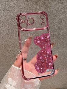 Compatible With IPhone 17 Pro Max/Air/16 Pro Max/15/14 Pro Max/13/12/11, Galaxy S26, Galaxy S25 Ultra, Galaxy S24 Ultra, Galaxy S23, Galaxy S22, Galaxy S22, Glitter Bear Electroplated Phone Case, Transparent Airbag Anti-Drop Soft Shell, Luxury Rhinestone Full Coverage Protective Case, Unique Cute Style Outer Cover - Pink - View 3