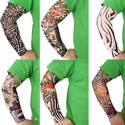 极简印花纹身袖套，夏季无缝防晒骑行袖套，男女通用弹力压缩袖套，时尚纹身设计，适合派对、户外骑行、足球、徒步、钓鱼、驾驶等防晒活动