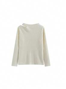 时尚针织女式毛衣，别致高品质套头衫，露背不对称宽松休闲上衣，秋冬款 - 白色 - 查看 5