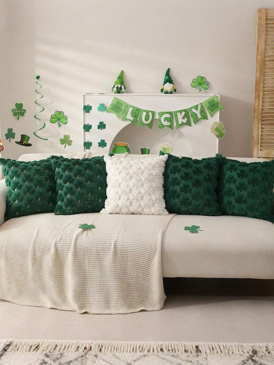 1 Peça Capa de Almofada Verde Trevo de São Patrício, Capa de Almofada Fofa de Trevo de Quatro Folhas da Sorte para Decoração de Casa, Sofá, Presente de Almofada, Decoração de Sofá, Quarto, Sala de Estar, Festa Diária, Casamento, Decoração do Dia de São Patrício - Trevo branco - Visão 1