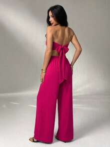 Set top convertible y pantalón mujer elegante dos piezas versátil cómodo moderno fresco corte alto un top dos maneras de usarlo primaveraverano - Rosa Fucsia - Ver 6