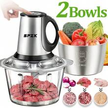 SPZK Food Processor, 3-Speed Electric Food Chopper With Vegetable Chopper & Meat Grinder - 2 Bowls (8 Cup Stainless Steel+8 Cup Glass), 300W, 2 Sets Of 4 Bi-Level Blades For Vegetable/Fruits/Meat - 美規A型插(110-127V) - 查看 2