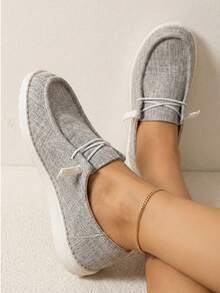 女士灰色時尚素色一腳蹬運動鞋帶前系帶適用於休閒穿戴 - 灰色 - 查看 2