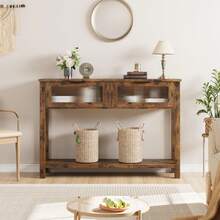 Consola Moderna con Estantes y 2 Cajones de Vidrio - Mesa de Entrada Estrecha y Larga | Estilo Rústico, Color Marrón, Ideal para Sala, Pasillo o Estilo Campestre - Marrón - Ver 5