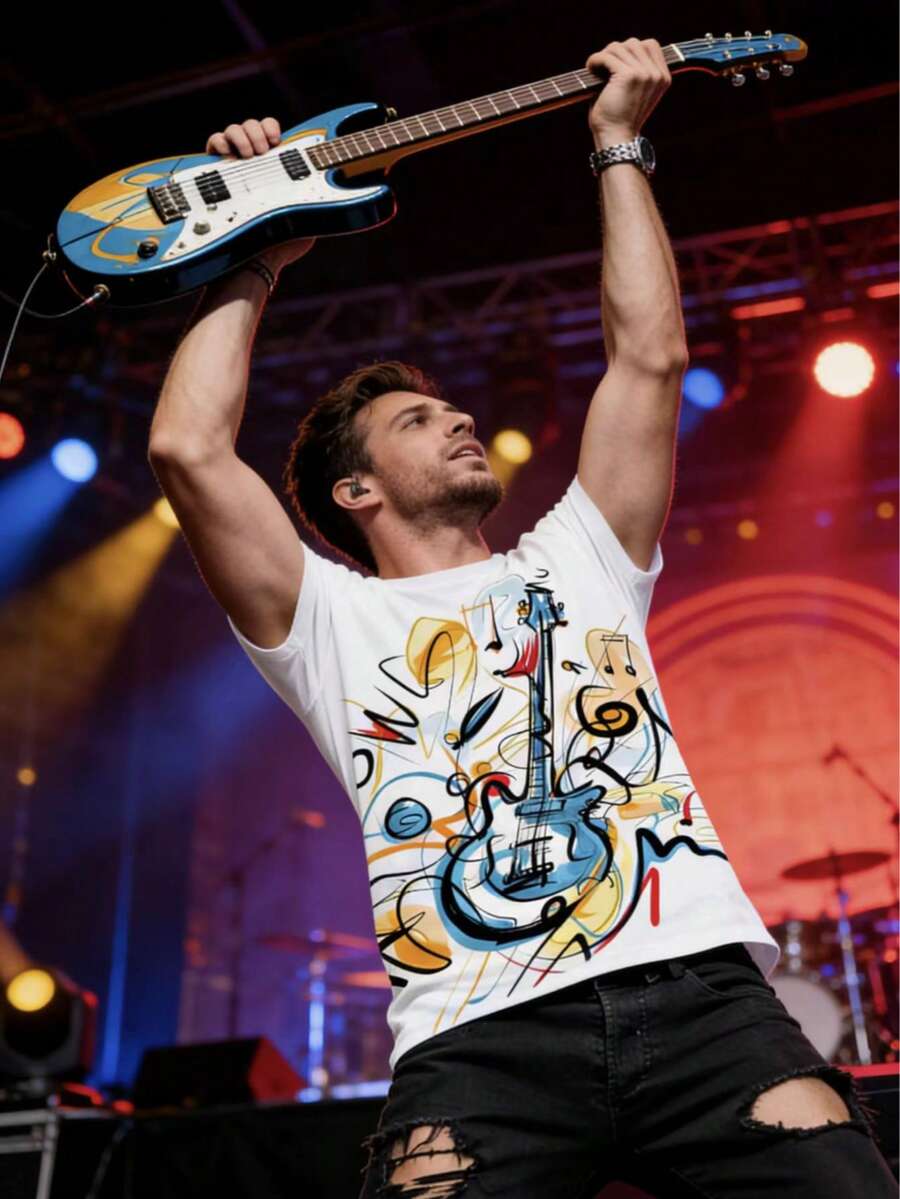 男士时尚吉他图案印花舒适T恤，图案T恤夏季 - 彩色 - 查看 1