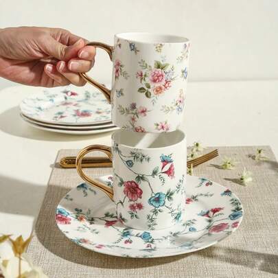 Floral Ceramic Mug, Delicate Flower Pattern, Lightweight Luxury Ceramic Tableware Cup, Tea Cup, Water Cup