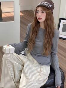 宽松卷边长袖T恤，轻薄面料，修身版型，春季叠穿上衣 - 灰色 - 查看 5