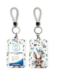 1pc Cute Rabbit Pattern ID Card Holder With Keychain, Clip And Butterfly Phone Lanyard, Keychain Badge Rack - Rectangle - View 8