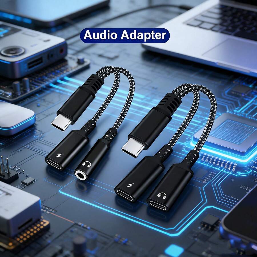 Cáp sạc nhanh bện hỗn hợp 2 trong 1, bộ chuyển đổi USB-C sang giắc cắm tai nghe 3.5mm, cáp sạc + bộ chia âm thanh, tương thích với iPhone 17 Pro Max/17 Pro/17 Plus/17/16/15, S25/S24/S23/S22/S21 Ultra Plus, quà tặng mùa xuân. - màu đen - Xem 1
