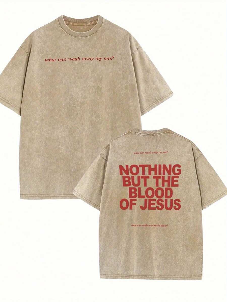 Men's Heavyweight Christian T-Shirt - "Only The Blood Of Jesus" Bible Verse (Luke 3:23) - Lavender With Red Letters Double-Sided Washed Cotton - Loose Street Style Top - All-Season Church, Casual Outdoor Shirt - Machine Washable Believer Gift, Religious Print Pullover, All-Season Clothing, Waxed Fabric, Base Shirt For Autumn And Winter - Unisex, Comfortable Cotton, Vintage Heavyweight Washed Loose T-Shirt - Màu be - Xem 1