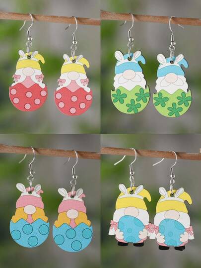 1对复古复活节彩蛋兔子矮人吊坠耳环，时尚木质双面复活节耳环，礼品