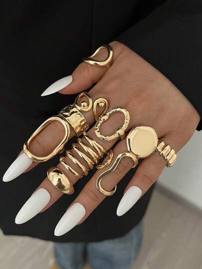 10/1 Set Vintage Elegant Bohemian Style Women Metal Asymmetrical Geometric Hollow Gold Color Stackable Rings, Suitable For Daily, Party, Beach, Wedding, Holiday Gift