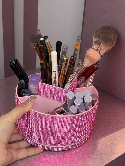 1pc Rhinestone Rotating 360° Storage Box, Large Capacity, Multicolor Rhinestone Encrusted Surface, Luxurious Sparkling Style, Hexagonal Pillar Shape, Neat Edges, Makeup Tool Container, Suitable For Bedroom Vanity, Dressing Room Desk, Etc.