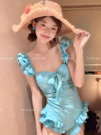 【2026夏 温泉ビーチ】韓国風 フリルワンピース水着 - 甘セクシー レディース