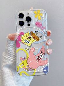 SpongeBob SquarePants غطاء هاتف مضاد للصدمات بنمط كرتوني غير متماثل مخطط بخطوط وشكل إسفنج بوب والقنديل، مناسب ومتوافق مع موديلات سامسونج/أبل 17/16/15/14/13/12/11 برو ماكس/12 برو/14 بلس وغيرها - متعدد الألوان - مشاهدة 2